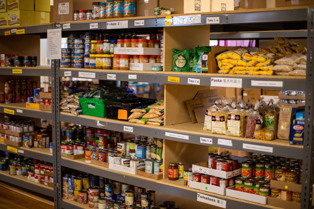 shelves filled with assorted dry food goods