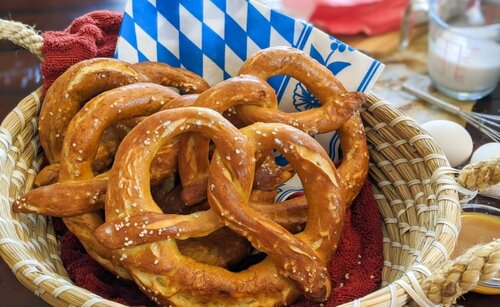 Large salted pretzels in a basket