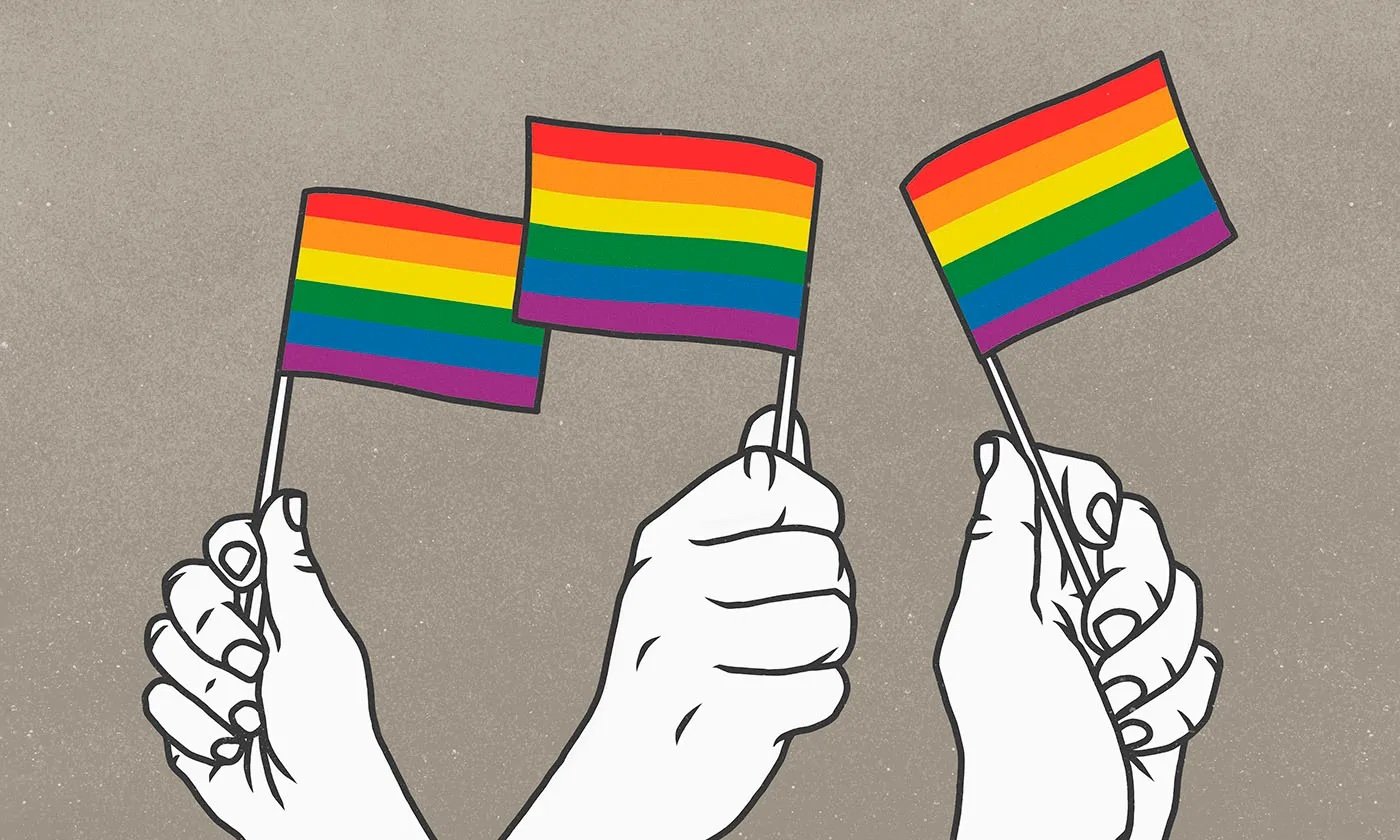 Graphic illustration of three hands holding Queer Pride flags 