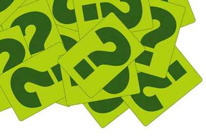 A graphic of several stacked green question marks in a disorganized pile