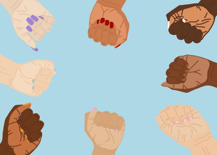 Graphic illustration of multiple clenched fists ranging in skin tones and nail colors