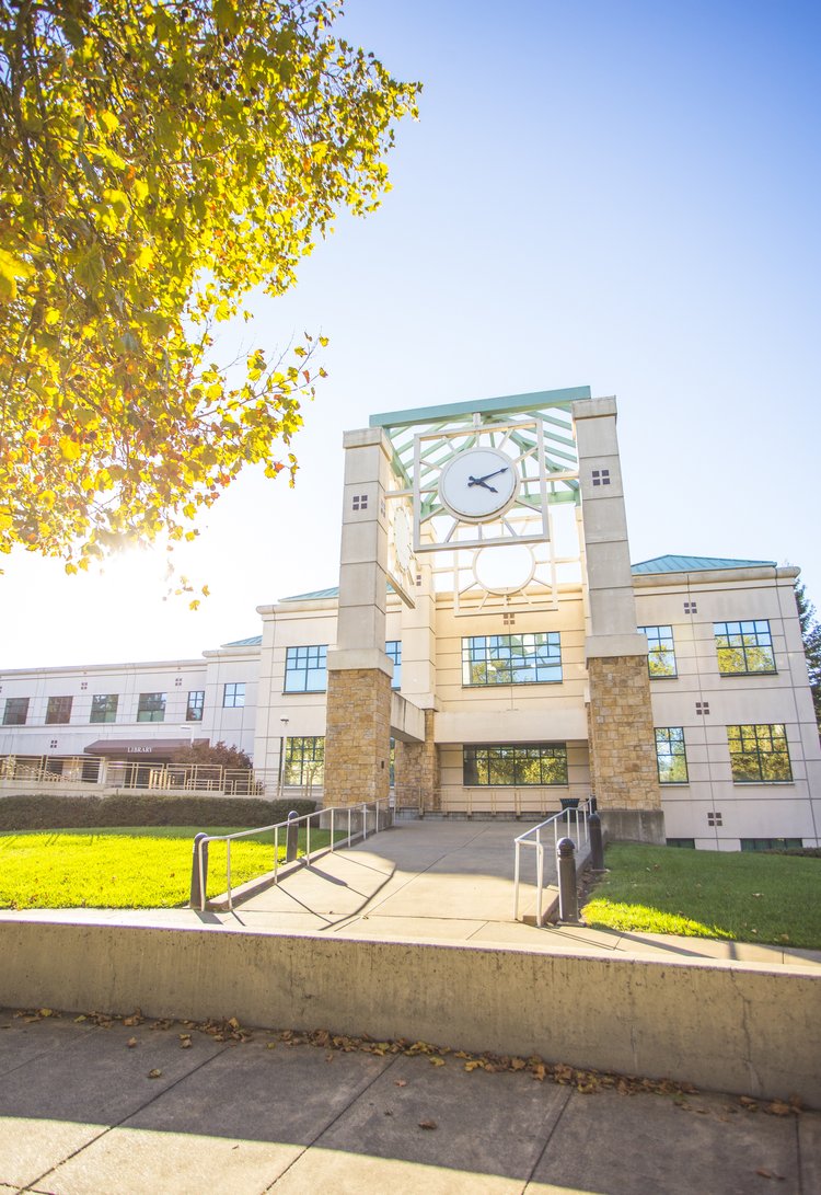 The SSU library clocktower on a sunny day 