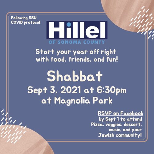 The purple flyer for the Shabbat celebration happening on Sept. 3, 2021 at 6:30pm at Magnolia Park