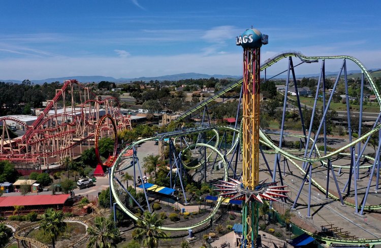 An above view of rollercoasters at Six Flags Discovery Kingdom