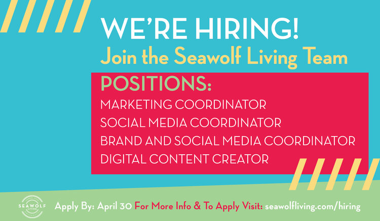 A multicolored graphic flyer listing Seawolf Living job opportunities 