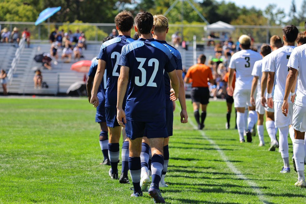 the back view of two rows of soccer playing from two different teams walking