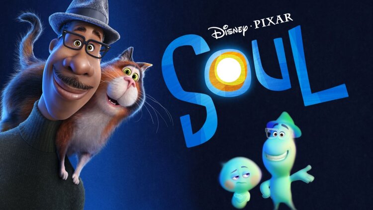 Artwork from the movie 'Soul' featuring an animated person smiling with a cat on their shoulders 