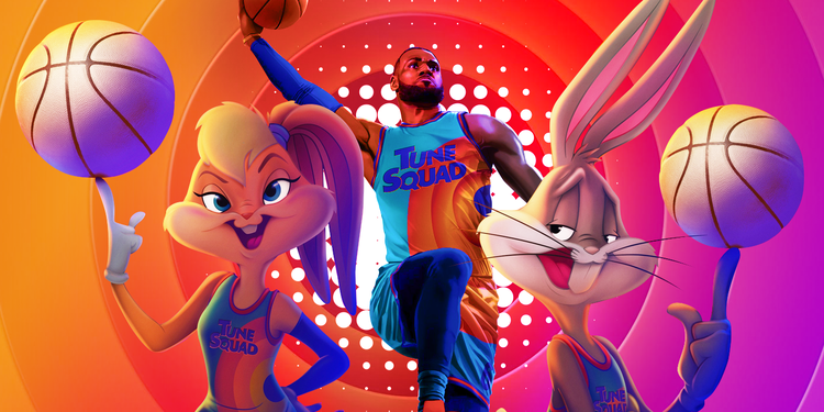 The film poster for 'Space Jam' featuring the characters Lola Bunny, Bugs Bunny, and Lebron James