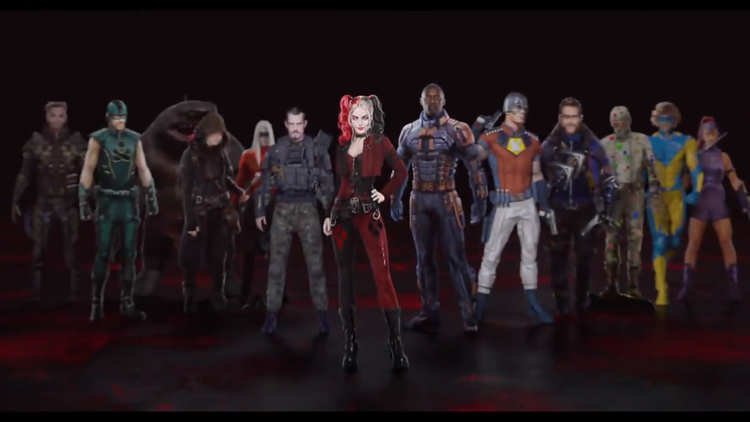 All members of the Suicide Squad standing in a line in front of a black background