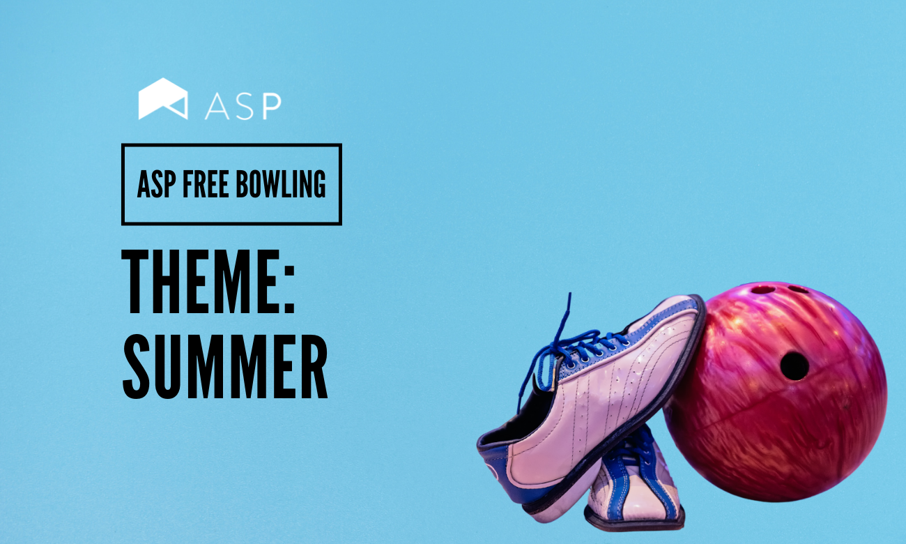 ASP 'Theme: Summer' graphic featuring a red bowling ball and blue bowling shoes