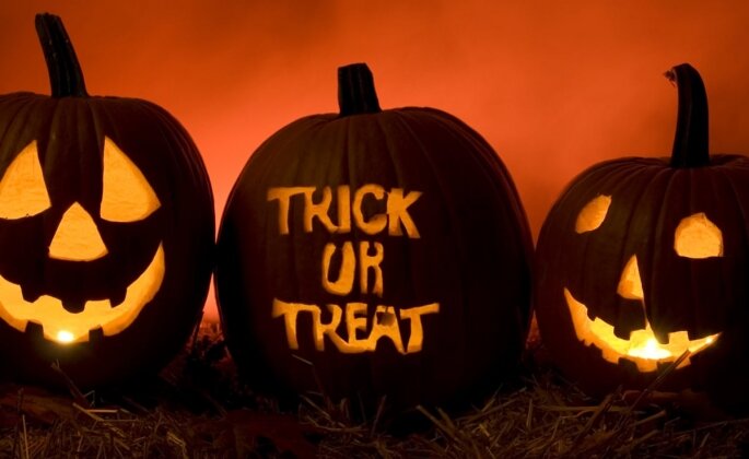 Three carved pumpkins; 2 with faces and one with the words 'Trick or Treat'