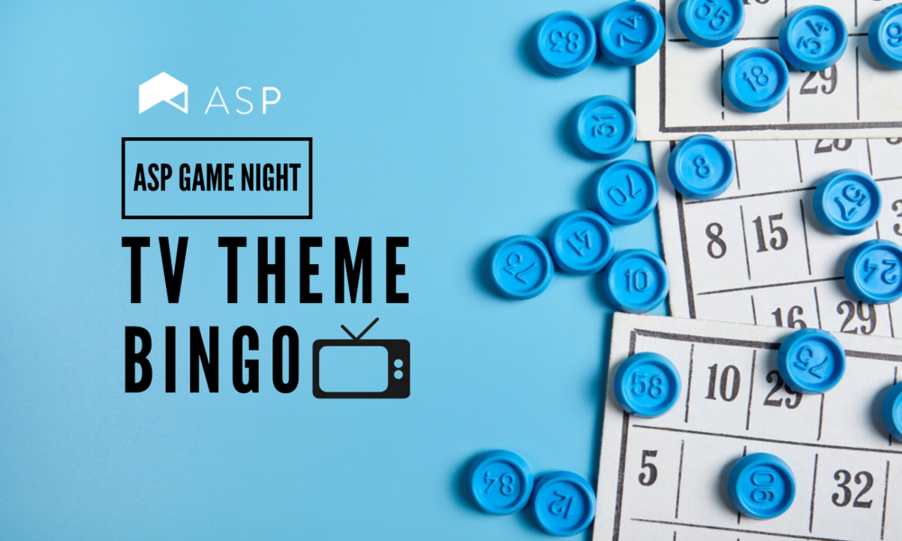 ASP 'TV Theme Bingo' graphic featuring Bingo cards and chips