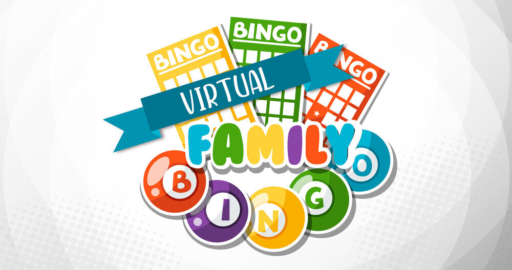 A graphic illustration of colorful BINGO cards and balls with the words 'Virtual Family Bingo'