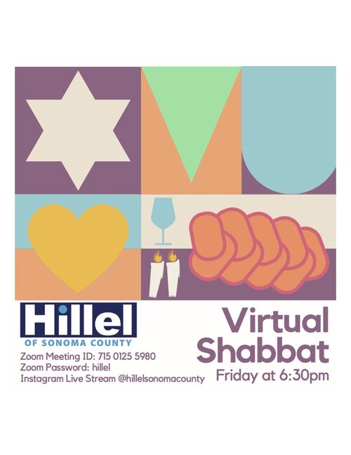 The colorful flyer for the Virtual Shabbat event happening on Sept. 10 2021 at 6:30pm