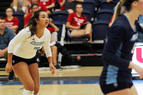 Student in volleyball position 