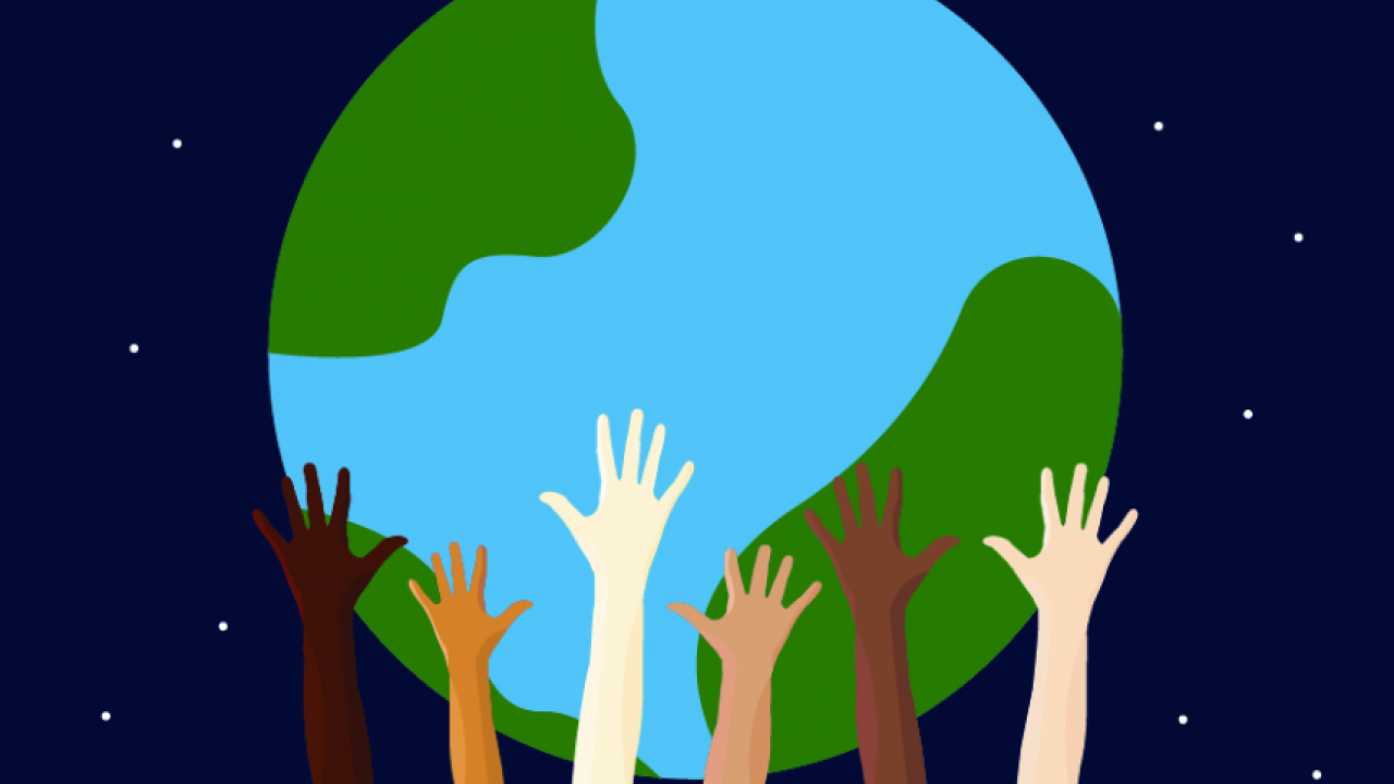 A graphic illustration of several hands of different skin tones holding up the earth.