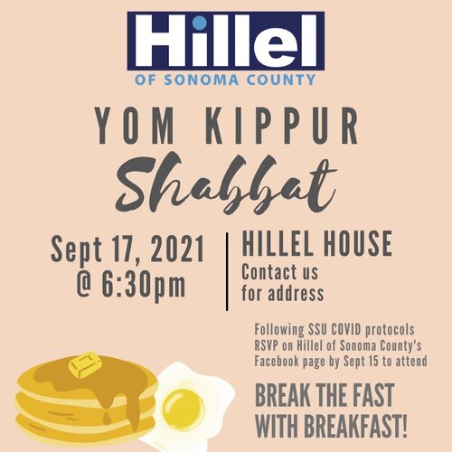 The flyer for the Yom Kippur event happening on Sept. 17 at 6:30pm featuring an illustration of a stack of pancakes and a fried egg