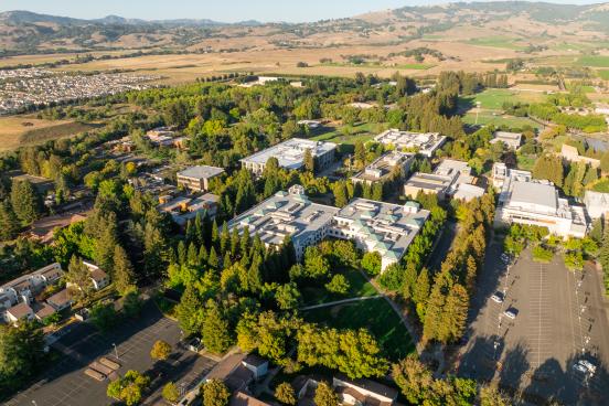 Aerial of campus with buildings and trees