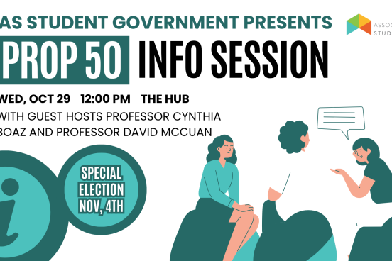 Associated Students Prop 50 Info Session Event Flyer Event flyer for the Associated Students Prop 50 Info Session