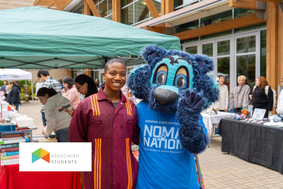 Lobo at Associated Students Event Lobo and a student posing at an Associated Students event in the SSU Seawolf Plaza