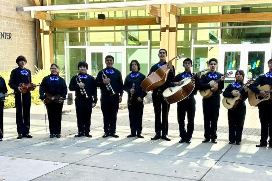 Lobos Mariachi Band The Lobos Mariachi band posing with their instruments outside of the SSU Recreation Center