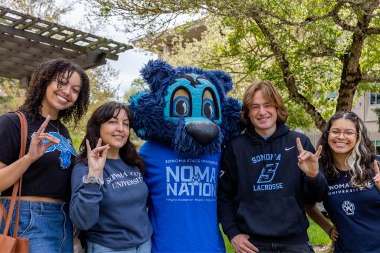Group of students smiling with Lobo the mascot