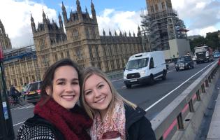 SSU students Marissa Starman, left, and Nicole Hickmott, right, in front of Big Ben in London. Both are studying Psychology abroad at Kingston University in London. // Photo by Marissa Starman