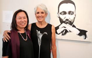 Judy Sakaki with Joan Baez and painting of Martin Luther King, Jr.