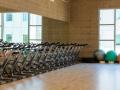 A row of stationary cycles inside the Campus Recreation building