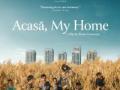 The 'Acasā, My Home' film poster featuring people in standing tall dry grass in the foreground with a city in the background