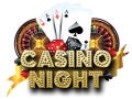 A graphic including dice, playing cards, roulette boards, a ribbo, and the words 'Casino Night'