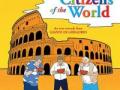 The 'Citizens of the World' film poster featuring a graphic illustration of three people and a dog drinking out of bowls in front of the Roman Colosseum