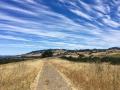 Crane Creek's walking trail surrounded by dry grass with hills and clouds in the background