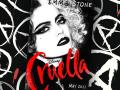 The film poster for 'Cruella' featuring a black, white, and red illustration of Emma Stone as Cruella