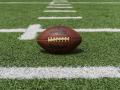 A football laying in the grass of a football field