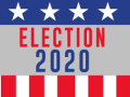 Graphic of red, white, and blue stars are stripes with the words "Election 2020"