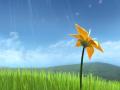 A digital rendering of a yellow flower in a grassy field with hills and clouds in the background
