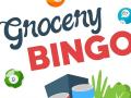 A multi-colored graphic illustration of bingo balls, a grocery bag full of groceries, and the words 'Grocery BINGO'