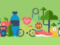 A graphic illustration of health and wellbeing icons including a water bottle, fruit, trees, a bicycle, a heart, and sports equipment. 
