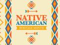 Blue, orange, and yellow patterns surrounding the words "Native American Heritage Month"