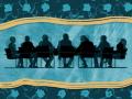 A graphic illustration of the silhouette of a panel of people sitting in chairs around a conference table