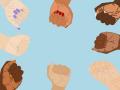 Graphic illustration of multiple clenched fists ranging in skin tones and nail colors